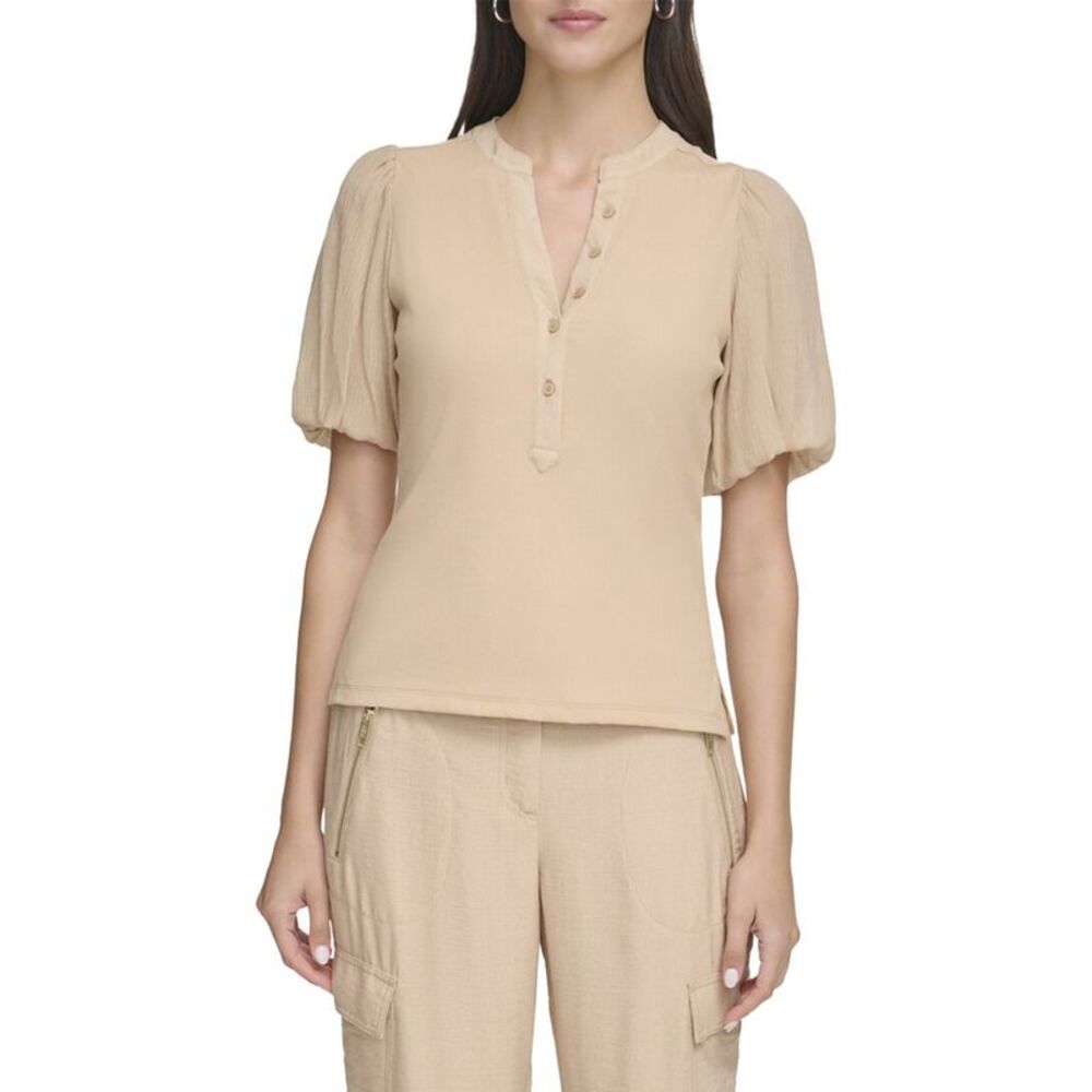 Dkny Womens Mix Media Rib Top, Brown